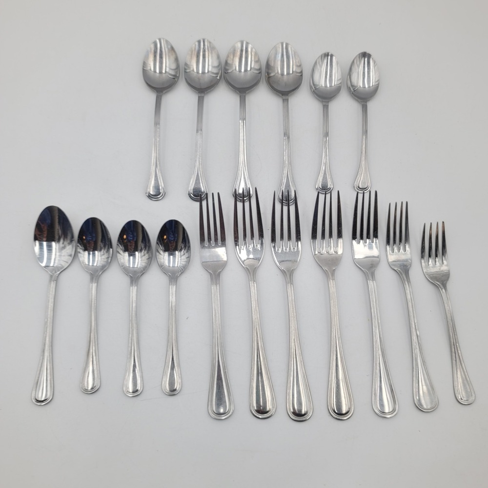 17pc Mixed Stainless Steel Flatware Lot Ribbed Border Spoons and Forks
